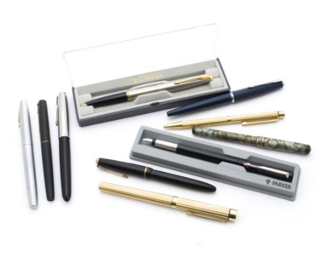 A vintage Conway Stewart No. 380 mottled green fountain pen, together with a Sheaffer gold plated fountain pen and ballpoint 