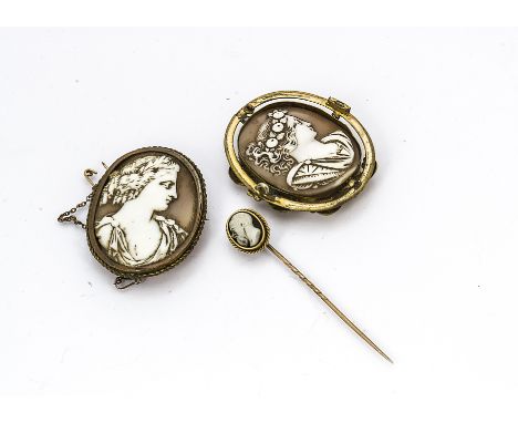 A 19th Century hardstone cameo stick pin, with carved head of bearded man together with two shell carved cameo brooches with 