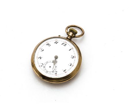 An early 20th Century continental gold open faced pocket watch, enamel dial with Arabic numerals and subsidiary second dial, 