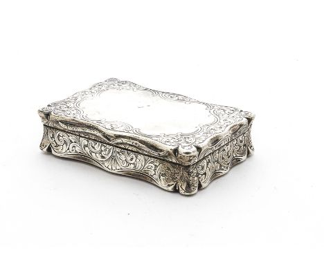 An early Victorian silver table snuff by Edward Smith, Birmingham 1849, shaped rectangular case with engraved scrolling folia