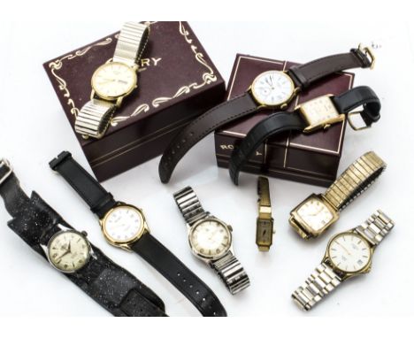 A group of watches, including a gold plated Art Deco style Bulova, lacks winder, a 9ct gold Rotary, a Tourist, an Ingersoll, 