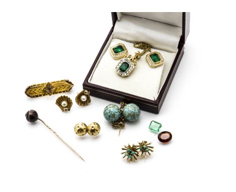 A collection of gold earrings, a gold bar brooch, an agate stick pin and a pair of simulated emerald ear studs, associated pa