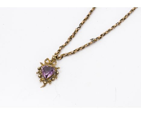 A 19th Century 9ct gold amethyst and seed pearl heart shaped pendant, with bow shaped bale on a fancy linked 9ct gold chain, 
