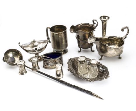 A collection of 19th and 20th Century silver items, including a Christening tankard, sauceboat, milk jug, Mappin &amp; Webb m