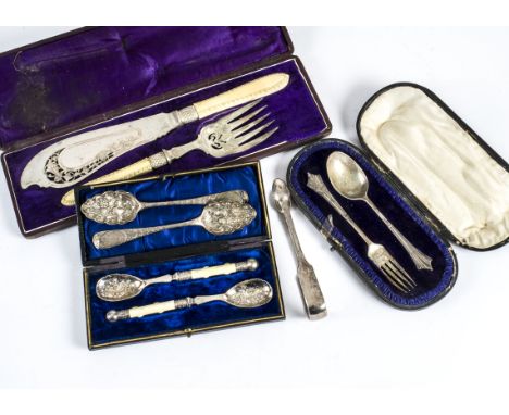 A pair of Georgian Irish silver berry spoon by Jonanthan Pittar, together with a Victorian silver Christening spoon and fork 