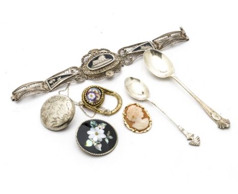 A small collection of silver and plated items, including an Egyptian niello enamel bracelet, a 14ct marked cameo brooch, thre