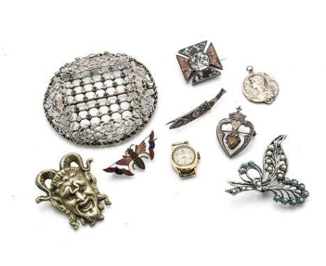 A collection of costume jewellery, including a Scottish granite inlaid Maltese cross brooch, a Scottish bleeding heart and ci