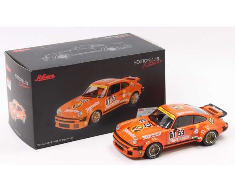 A Schuco 1/18 scale Exclusive Limited Edition 1/2000 released model of a Porsche 934 RSR GT53 Jaegermeister race car, housed 