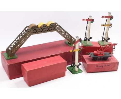 Large tray containing 13 Hornby wagons, 3 signals and a footbridge. Wagons: 3 x No.50 Shell Lub tanks; LMS hopper, BR &amp; N