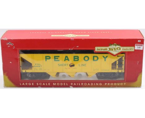 Bachmann Big Haulers, G scale: item 98229 ‘L’ hopper ‘Peabody’ yellow with green lettering (VG-E) (BG) with some fading and d