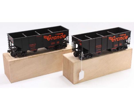 Two scratch-built G scale 2 hopper wagons ‘D&amp;RGW’ – ‘Rio Grande’ nos. 17260 &amp; 17062, black with orange lettering. Woo