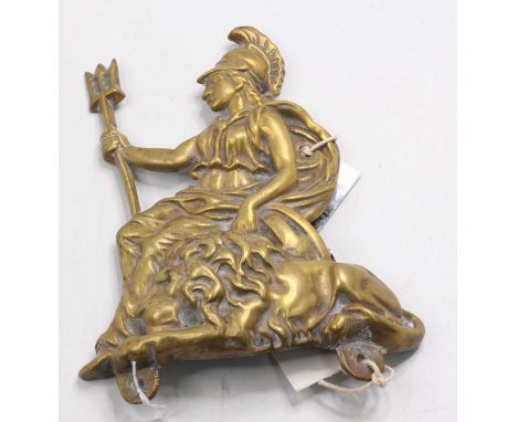 An original Marshall Britannia traction engine plaque, all brass example with three fixing holes, vendor states possibly remo