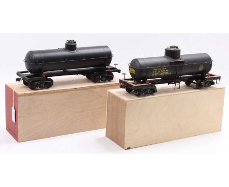 Two scratch-built G scale tank cars each on two 4-wheel bogies, black, one lettered in yellow ’Union Tank Car Co’ with capaci