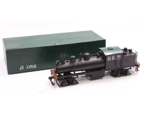 Scratch-built G scale ‘Lima Loco Works 1915’ on plate, Shay loco, battery powered, black with green roof. Wooden carry case (