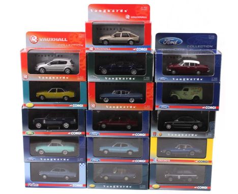 16 Corgi Vanguards 1/43rd scale diecasts with examples including No. VA10300 Ford Cortina MKIII, No. VA09200 Rover 75, No. VA