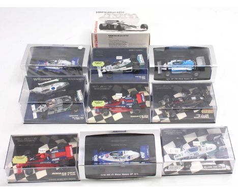 Ten boxed and plastic cased Minichamps and Spark 1/43 scale F1 racing diecast and resin models to include a Spark models Tyrr