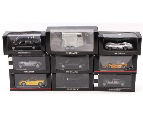 9 Minichamps 1/43rd scale diecasts, examples include No. 530 684304 McLaren M8A, No. 432 543001 Mercedes-Benz W196, and other