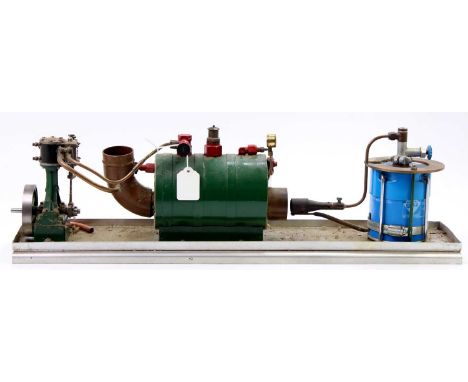Scratchbuilt stationary steam plant comprising of the horizontal gas-fired boiler, powering a vertical Stuart Turner No.10 Ve