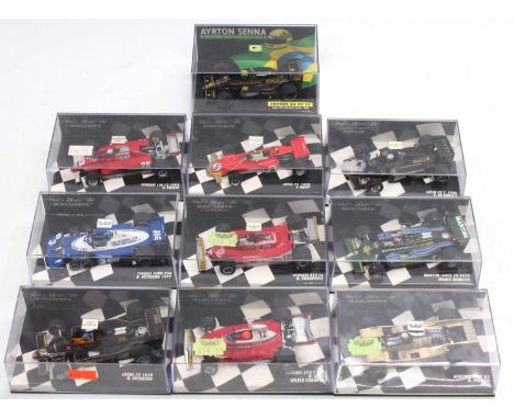 Ten various plastic cased Minichamps 1/43 scale F1 racing diecasts to include an Ayrton Senna racing collection, edition 43 N