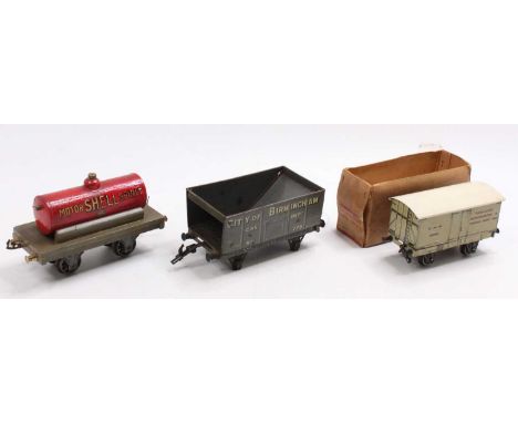 Three un-common goods wagons: 0-gauge 1927 Bowman tank wagon ‘Shell’ Motor Spirit, some repainting to the tank (G) with Gauge