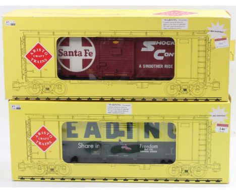 Two Aristo Craft Trains Box Cars, G scale: Art 46024 ‘Reading’ yellow &amp; green; and Art 46003 ‘ATSF/Santa Fe’ reddish brow