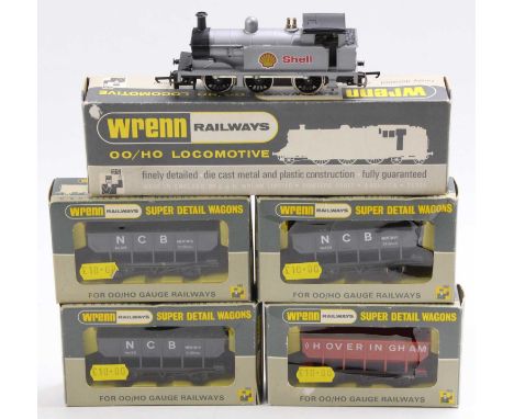 Wrenn 0-6-0 tank loco &amp; four wagons: W2203 Shell silver (NMN-BE) no packer number, tape marks match; 3 x W5035 NCB hopper