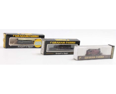 Three G.Farish N gauge tank locos: 372-526 4MT 2-6-4 80032 BR lined black (E-BE); 1104 GWR 0-6-0 tank 9400 (VG-BP); 1701 LMS 