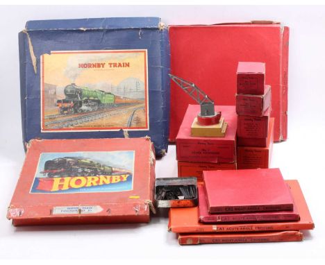 Various Hornby 0-gauge items: Two No.1 post-war level crossing (E-BE); No.2 turntable (G-BF); four assorted crossings; post-w