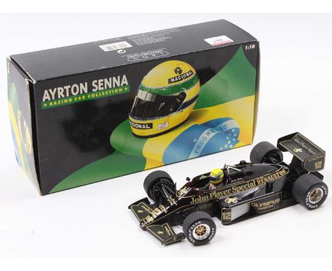 A Minichamps 1/18 scale Ayrton Senna Collection model of a Lotus Renault 97T 1985 Ayrton Senna race car, finished in black an