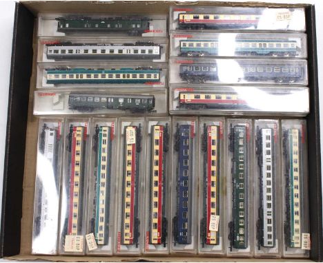 One tray containing a collection of Fleischmann Continental N gauge passenger stock, to include Deutschbahn Railways, Touropa