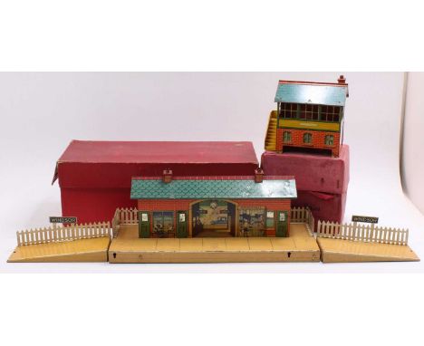 Hornby No.2 station and No.2 Signal Cabin: 1927-9 ‘Windsor’ station, red brick building, blue round tiled roof, yellow/cream 