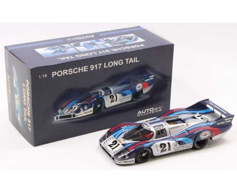 An Autoart Millennium No. 87171 1/18 scale boxed diecast model of a Porsche 917L Le Mans race car 1971, Martini Team No. 21 r