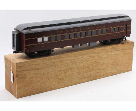 Scratch-built G scale bogie coach No.174 ‘Pennsylvania’ two 4-wheel bogies, grey clerestory roof, brown with gold lining. (VG