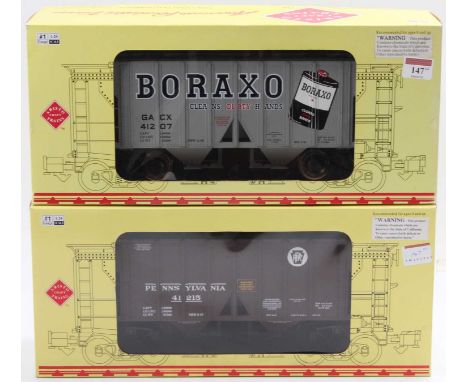 Two Aristo Craft Trains 2-Bay covered hopper cars, G scale: Art 41207 ‘Borx/Boraxo’ silver; and Art 41215 ‘PRR/Pennsylvania’ 