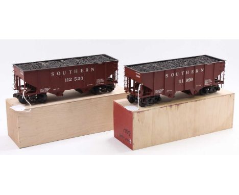 Two scratch-built G scale 2 compartment hopper wagons ‘Southern’ 111 999 and 112 520, each on two 4-wheel bogies, oxide with 