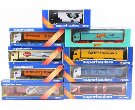 One box of 9 boxed Corgi Super Haulers road transport diecast vehicles to include a Hapag Lloyd tractor unit with twin contai