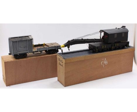 Two scratch-built G scale engineering train items: Heavy Duty rail crane, metal body, on two 6-wheel bogies, black with yello