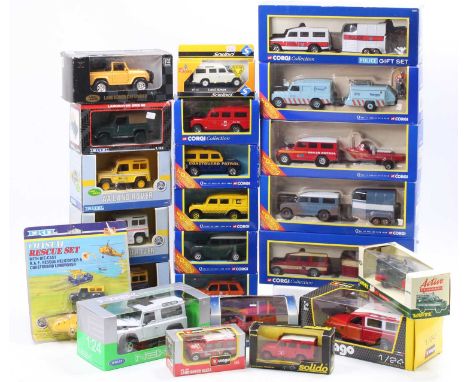 Two trays containing a collection of mixed modern release Landrover diecasts, mixed scales ranging from 1/24 to 1/43, specifi