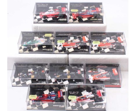 Ten plastic cased Minichamps 1/43 scale F1 racing diecasts, various examples to include a Wolf Ford WR1 Canadian Grand Prix 1