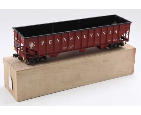 Scratch-built G scale 3 compartment hopper wagon ‘Pennsylvania’ oxide with white lettering, on two 4-wheel bogies. Wooden car