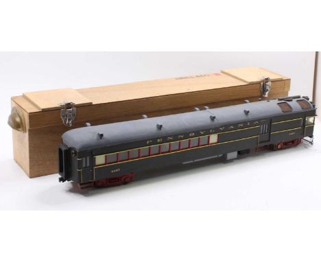 Scratch-built G scale diesel railcar ‘Pennsylvania’ 4487, blue with gold lines and lettering, on two 4-wheel bogies. Wooden c