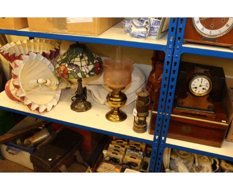 Tiffany style and other table lamps, oil lamp, miners lamp, Victorian writing box and others, pair of carved figures, clock a