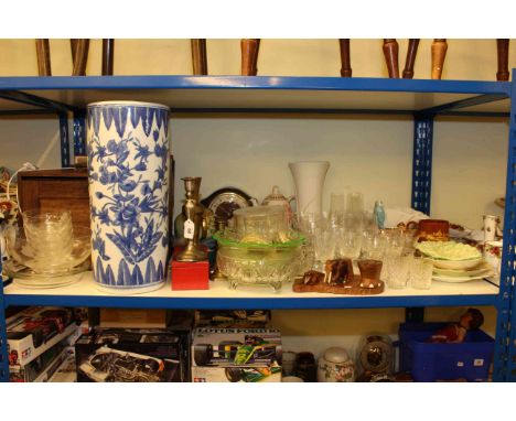 Blue and white pottery stick stand, wooden watchmakers cabinet, records, mantel clock, glass and china, etc