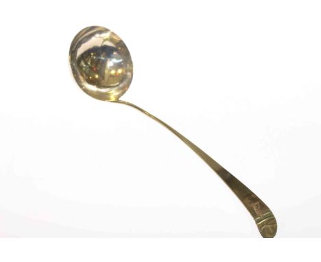 Georgian silver Old English pattern ladle, maker S.A., marks obscured, engraved with a crest, 5oz, 32cm