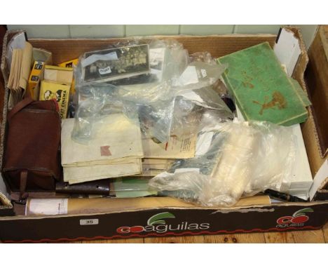 Box of postcards, photographs, silk cards, indenture, ephemera, vintage camera, etc