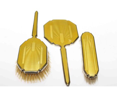 Art Deco silver and yellow enamel three-piece dressing table set, Bravingtons Ltd, Birmingham 1938