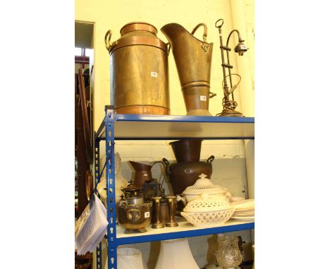 Brass and copper including vase, jug, churn, scuttle, lamp, Leeds pottery,art nouveau style bust etc