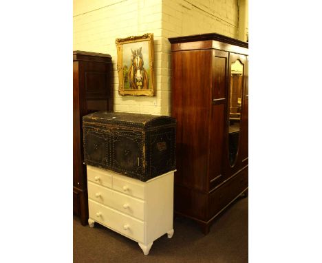 Edwardian inlaid mahogany mirror door wardrobe, painted three height chest and brass studded dome trunk (3)