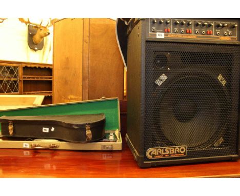 Cased ukulele, Hofner Super Electric guitar, Carlsbro Cobra 90 keyboard, amplifier and case of cables, etc
