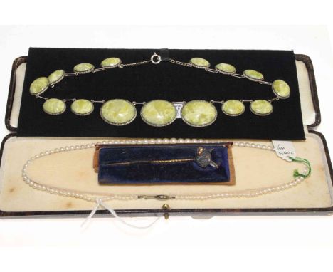 Victorian boars head stock pin, cultured pearl necklace and another necklace